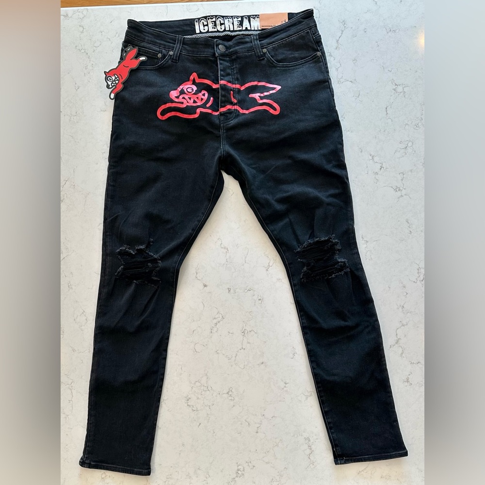 NWT BBC Billionaire Boys Club ICECREAM Running Dog Jeans Black Red 36x32